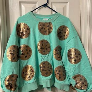 Queen of Sparkles Mint Green Sweatshirt with sequin cookies. QOS
